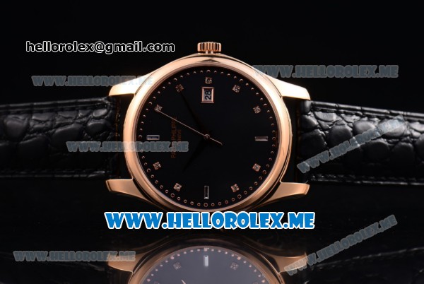 Patek Philippe Calatrava Miyota Quartz Rose Gold Case with Black Dial and Black Leather Strap Diamonds Markers - Click Image to Close